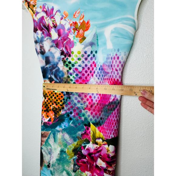 Clover Canyon Pool Flower Neoprene MultiColor Aqua Bodycon Dress XS - Picture 11 of 12